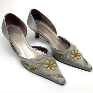 Lodi Grey Floral Beaded Pointed Toe Pumps